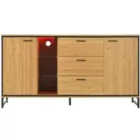 OKWISH Dressoir - Met 3 Laden En Verstelbare Planken - Met 16 Kleuren Led - Voor Woonkamer Eetkamer - Spaanplaat Natural
