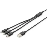 Digitus AK-300160-010-S USB-laadkabel Apple Lightning stekker, USB-A stekker, USB-C stekker, USB-micro-B stekker 1.00 m Zwart Extreem robuust gevlochten