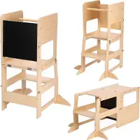 Sunny Mae Leertoren 2-in-1 Natuurlijke Kleuren | Leerstoel voor kinderen | Leertoren voor Kinderen met Krijtbord, Praktische Tafel met Bankje | 49 x 40 x 92 cm