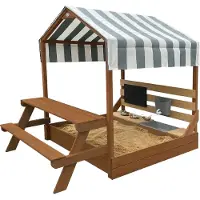 Axi Bo Zandbak & Speelhuisje van Hout - met Speelkeuken, Dak en Picknicktafel - Bruin | Zandbak inclusief 6-delige Accessoiresset | Met Gronddoek | 159 x 105 cm
