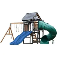 Axi Cody Speeltoestel van Hout met 2 Schommels & Dubbele Glijbaan in Blauw & BuisGlijbaan | Speeltoren voor Kinderen met Klimwand & Trapeze| Inclusief Accessoires | Speeltoestel voor in de tuin