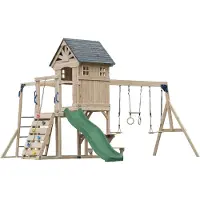 Axi Duncan Speeltoestel van Houten met 2 Schommels - Groene Glijbaan | Speeltoren / Speelhuis op Palen voor kinderen met Klimrekken, Monkey Bars, Trapeze & Picknickbank | Schommelrek voor in de Tuin