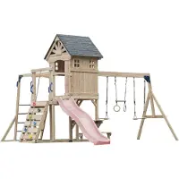 Axi Duncan Speeltoestel van Houten met 2 Schommels - Pastel Roze Glijbaan | Speeltoren / Speelhuis op Palen voor kinderen met Klimrekken, Monkey Bars, Trapeze & Picknickbank | Schommelrek