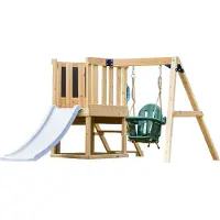 Axi Timo Mini Speeltoestel van Hout - Pastel Blauwe Glijbaan | Speeltoren met Babyschommel, Klimwand en Krijtbord | Speeltoestel op Palen voor de Tuin