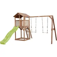 Axi Beach Tower Speeltoestel van hout in Bruin | Speeltoren met zandbak, dubbele schommel en limoen groene Glijbaan | Speelhuis op palen voor de tuin