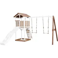 Axi Beach Tower Speeltoestel van hout in Bruin en Wit | Speeltoren met zandbak, dubbele schommel en witte Glijbaan | Speelhuis op palen voor de tuin