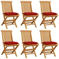 vidaXL Klapstoelen met rode kussens, 6 stuks, massief teakhout