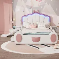 Laura Kinderbed 140x200 cm met Glijbaan en Trap – Prinsessen Meisjesbed Roze & Wit met Vlinder Design, Lattenbodem en PU/MDF –