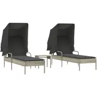 vidaXL Zonnebedden, 2 stuks, met zonnedak en tafel, lichtgrijs, polyrotan