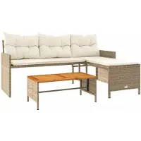 vidaXL Tuinbank met tafel en kussens L-vormig poly rattan beige