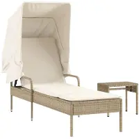 vidaXL Ligbed met luifel en tafel poly rattan beige