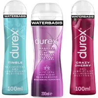 Durex - 3 Glijmiddelen - Waterbasis - Massage Olie en Glijmiddel 2/1 Aloë Vera 200ml - Play Tingle Gel 100ml - Crazy Cherry met Smaak Kers 100ml