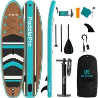 LifeGoods PaddlePro SUP Board - Opblaasbaar Paddle Board - Complete Set - Max. 150KG - 320x81cm - Hout/Blauw