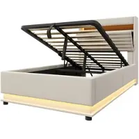 MODFU Gestoffeerd Bed - Opbergruimte En Ledverlichting - Modern - Voor Slaapkamer - Linnen - Beige - 90 x 200 cm