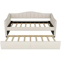 MODFU Bedframe 90x200 cm – linnen en MDF beige – met uitschuifbaar rolbed en LED-hoofdbord – dagbed met logeerfunctie