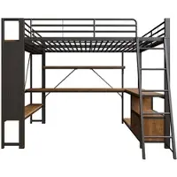 MODFU Hoogslaper 140x200 cm van metaal en MDF, met bureau, LED-strip en opbergrekken, zwart