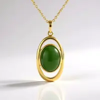 Cavill - Zilveren Ketting 925 Sterling - Canadese Groene Jade Cabochon 5,86 ct - Ovaal Vergulde Hanger - Elegante Dames Sieraden