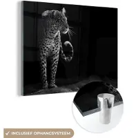 MuchoWow Glasschilderij - Acrylglas - Wilde dieren - Luipaard - Natuur - Zwart - Wit - Muurdecoratie - Foto op glas - 40x30 cm - Schilderijen woonkamer - Wanddecoratie dieren