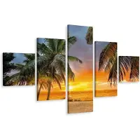 Karo-art Schilderij - Zonsondergang op tropisch strand, 5 luik, Premium print
