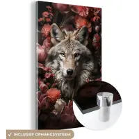 MuchoWow Glasschilderij 40x60 cm - Schilderij acrylglas - Wolf - Dier - Bloemen - Botanisch - Natuur - Fantasie - Foto op glas - Muurdecoratie woonkamer - Wanddecoratie slaapkamer - Schilderijen