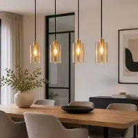 LumenXL Industriële mat zwarte en zand gouden hanglamp met amberkleurig glas 4-lichts - Tuscon
