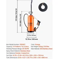 Vevor Industriële betonspuit met wielen, 14 liter roestvrijstalen spuit, robuuste tri-poxy pompsprayers, 52 cm lans, 1,2 meter en 3 meter slangen, 2 messing spuitmonden voor constructie, gazon en tuin
