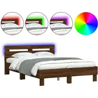 vidaXL Bedframe met hoofdeinde en LED bruin eikenkleur 135x190 cm