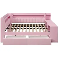 OKWISH Daybed 140x200 cm - Met USB En LED Verlichting - Met Bureau En 2 Lades - Zonder Matras - Gestoffeerd - Roze