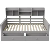 STILVORA Slaapbank 90x200 cm – Eenpersoonsbed Met Lattenbodem – 2 Opberglades & Zijvakken – Zonder matras – Kinderkamer – Hout – Grijs