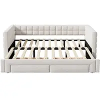 MODFU - Bedframe 90x200 cm – Beige fluweel met uitschuifbed & 2 lades – Daybed