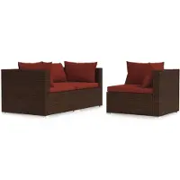 vidaXL 3-delige Loungeset met kussens poly rattan bruin