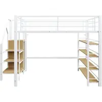OKWISH Hoogslaper 140x200 Cm – Met Opbergtrap En Garderoberuimte – Met Hoge Veiligheidsrand En Legplanken – Metaal En MDF – Zonder Matras – Wit