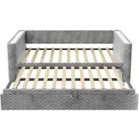 OKWISH Gestoffeerd Dagbed 90x200 cm - 2-in-1 Uittrekbed 180x200 cm - Handbediening met App-LED - Zonder Opbergruimte - Slaapkamer - Fluweel;MDF - Zonder matras - Grijs
