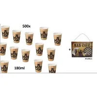 Themaparty 500x Koffiebeker karton A Hot Cup 180ml + Man cave bord - Koffie thee chocomel soep drank water beker karton