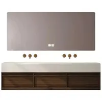 360Home Wasbak van sintrostenen, dubbele wasbak, wastafel met twee kommen, wastafelset met LED-spiegel en kastjes, 150*55 cm 【RW3318-150 BKK】