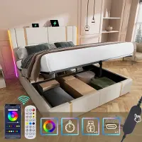 SINGULARITY -Gestoffeerd tweepersoonsbed USB Type C APP-Control LED 160x200 opbergbedden bedframe- beige linnen materiaal zonder matras