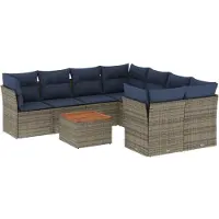 vidaXL 9-delige tuinmeubelset met kussens, grijs, polyrotan