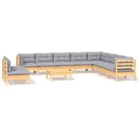 vidaXL 11-delige loungeset voor de tuin met grijze kussens, gemaakt van massief grenenhout