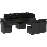 vidaXL 9-delige Loungeset met kussens poly rattan zwart