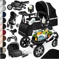 Kesser Kinderwagen 3 in 1 Loops Wandelwagen Set incl. Autostoel & Reiswieg & Buggy Sportzitje - Massieve Rubberbanden - Luiertas / Regenhoes - Zwart / Zilver