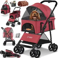 LOVPET Hondenbuggy 2-in-1 – Opvouwbare Hondenwagen met Tas – Rood – 20kg