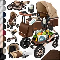 Kesser Kinderwagen 3 in 1 Loops Wandelwagen Set incl. Autostoel & Reiswieg & Buggy Sportzitje - Massieve Rubberbanden - Luiertas / Regenhoes - Bruin / Champagne