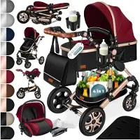Kesser Kinderwagen 3 in 1 Loops Wandelwagen Set incl. Autostoel & Reiswieg & Buggy Sportzitje - Massieve Rubberbanden - Luiertas / Regenhoes - Rood / Champagne