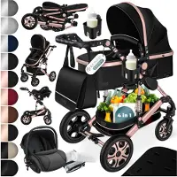 Kesser Kinderwagen 3 in 1 Loops Wandelwagen Set incl. Autostoel & Reiswieg & Buggy Sportzitje - Massieve Rubberbanden - Luiertas / Regenhoes - Zwart / Roségoud