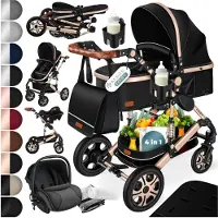 Kesser Kinderwagen 3 in 1 Loops Wandelwagen Set incl. Autostoel & Reiswieg & Buggy Sportzitje - Massieve Rubberbanden - Luiertas / Regenhoes - Zwart / Champagne