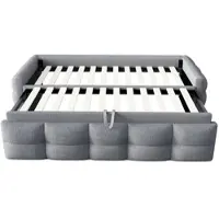 MODFU Bedframe 90/180x190 cm – teddy stof – uitschuifbaar met lattenbodem – grijs – perfect voor logees