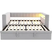MODFU - Ledikant – Uitschuifbaar – 90/180x190 cm – Gestoffeerd – Met LED & stopcontact – Lichtgrijs
