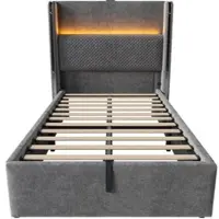 STILVORA Gestoffeerd bed 90x200 cm – Eenpersoonsbed met hoog hoofdeinde en hydraulische opbergruimte – LED + USB/Type-C – Linnen – Grijs – Met matras