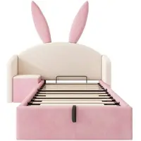 STILVORA Kinderbed 90x190 cm – Konijnenoren Hoofdbord – Met Opbergruimte En Nachtkastje – Zonder Matras – Beige En Roze