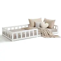 Homestyle4u Kinderbed 90x200, laag bed met valbeveiliging, Montessori bed, peuterkamer, houten bed, massief hout, wit, eenpersoonsbed, lattenbodem, bedframe